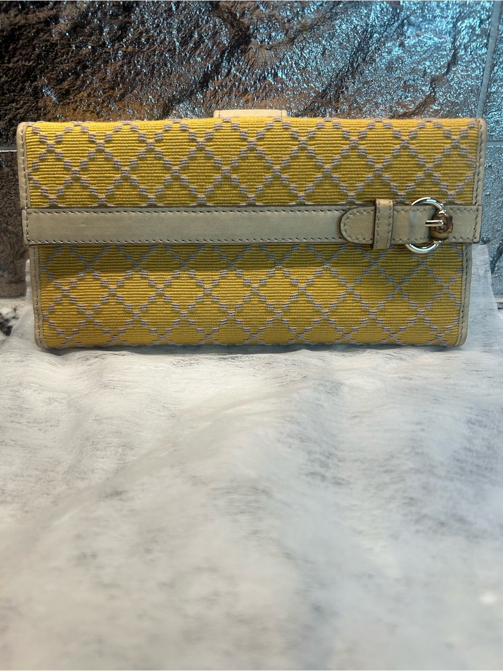 Gucci Yellow Patterned Foldover Wallet with Cream Leather Trim